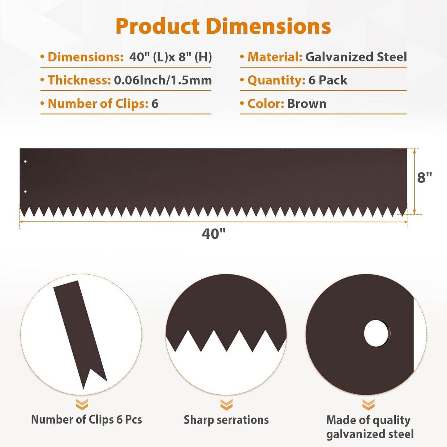 40" L x 8" H Metal Landscape Edging, Heavy Duty Galvanized Steel Garden Edging,6 Pack Steel Landscape Edging with Clips for Lawn, Flower Bed, Yard (Brown)