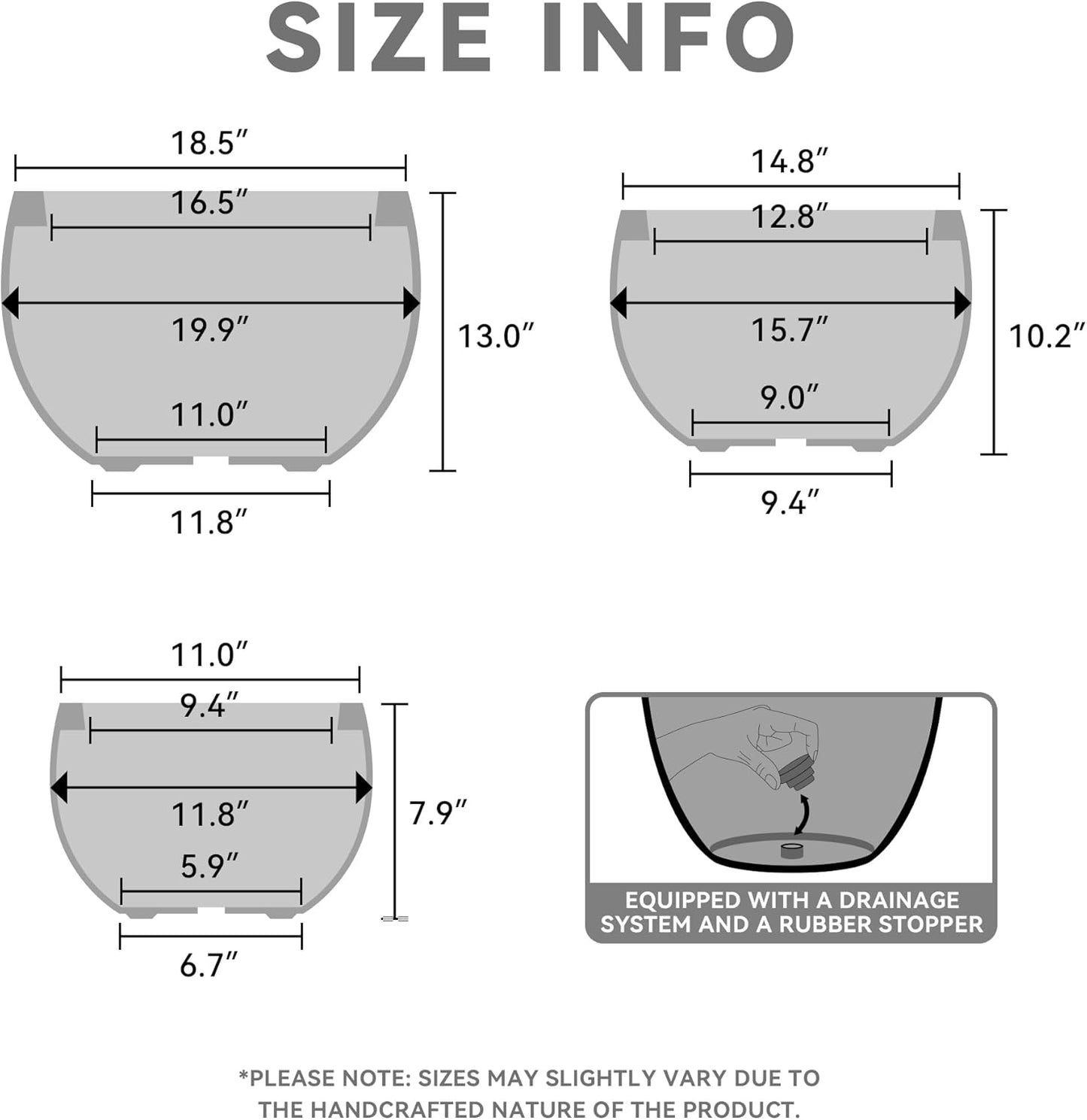 Kante 19.9",15.7",11.8" Dia Round Concrete Planter Set of 3, Outdoor/Indoor Large Bowl Plant Pots with Drainage Hole and Rubber Plug for Garden Patio Balcony Home, Black