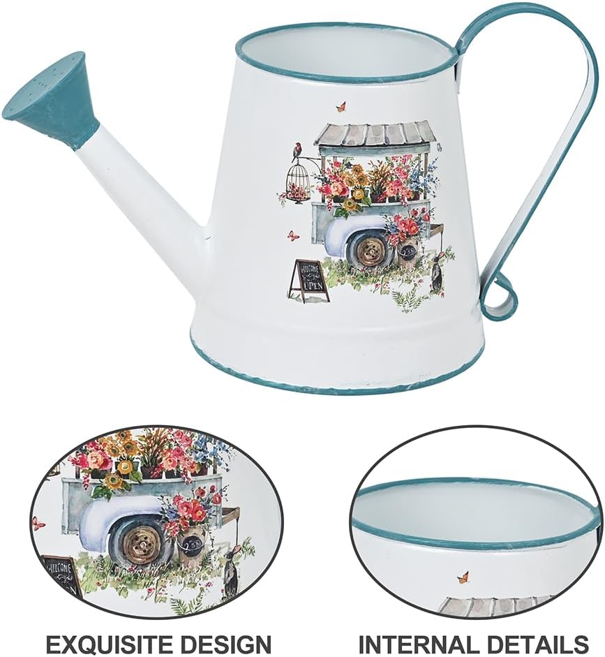 Cute Small Watering Can Indoor Plants Garden Metal Decorative Watering Cans for Outdoor Plants Bonsai Outdoor Garden Flower Decorative (White Blue, 1.5L, 50.7 Oz)