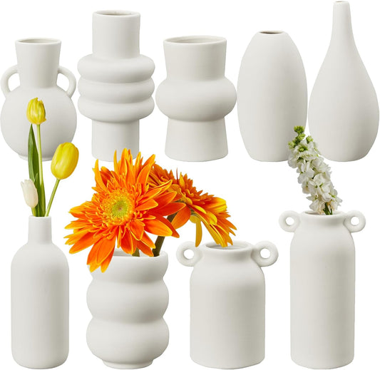 Ceramic Vase for Decor, White Boho Ceramic Vase in Bulk Small Boho Vases Set for Home Modern Minimalist Farmhouse Decoration White Bud Vases for Shelf Decor, Table, Bookshelf (Set of 9)
