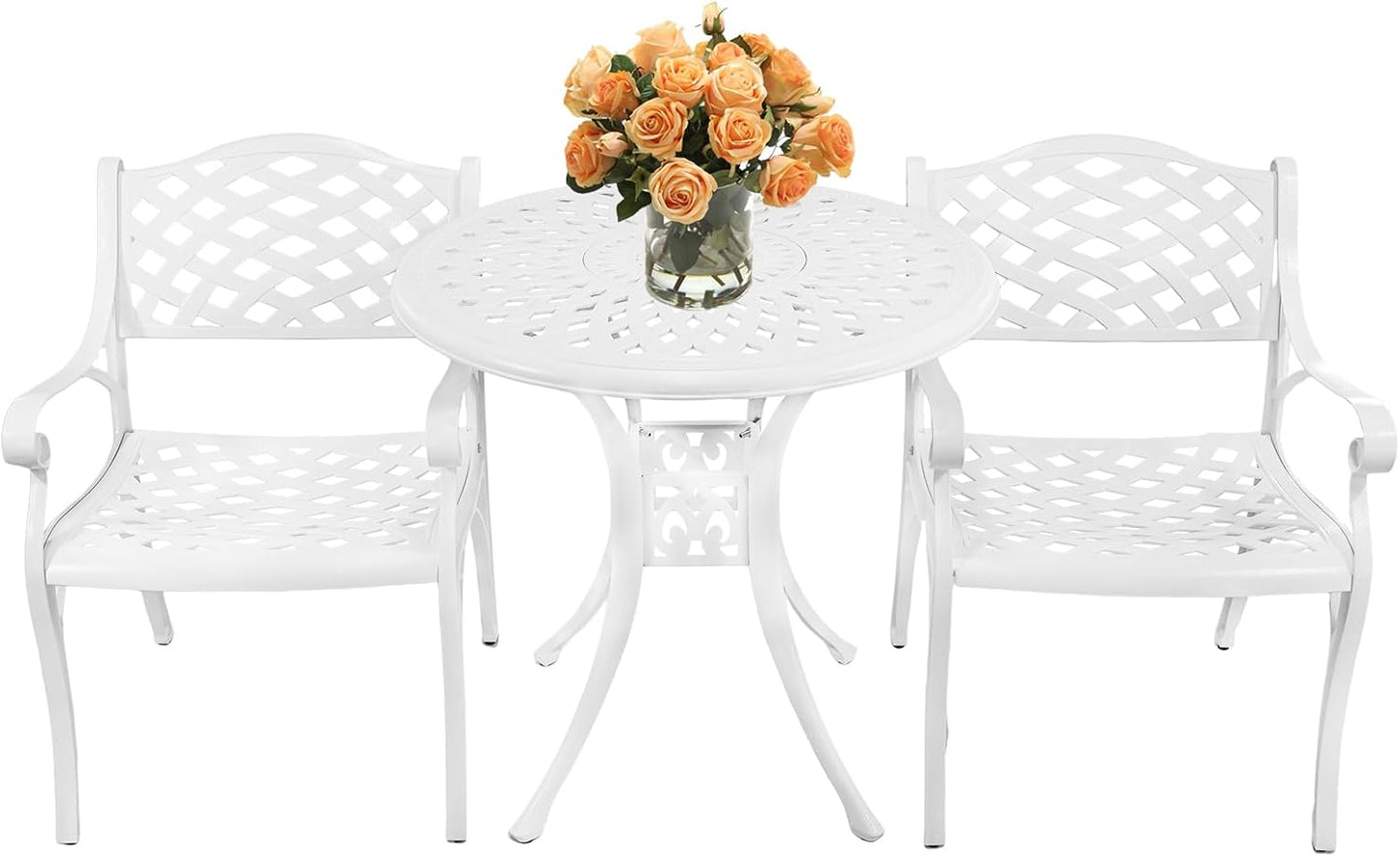 3 Piece Cast Aluminum Bistro Set With Umbrella Hole, Outdoor Patio Furniture With Adjustable Foot Cap, Metal Table and 2 Chairs for Garden, White