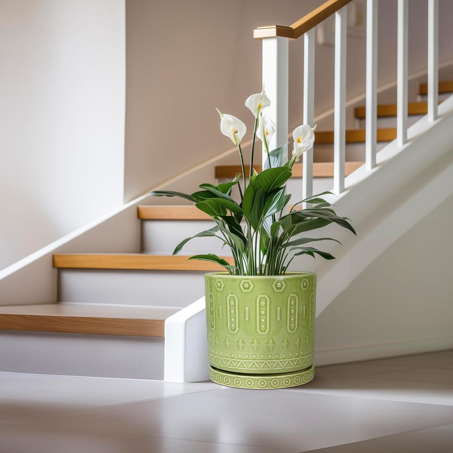 Ceramic Planter - 12 Inch Pots for Plants Indoor Outdoor, Round Large Flower Pots with Drainage Hole and Saucer, Decorative Boho Planter, Home Office Decor, Plant Lover Gifts, Green