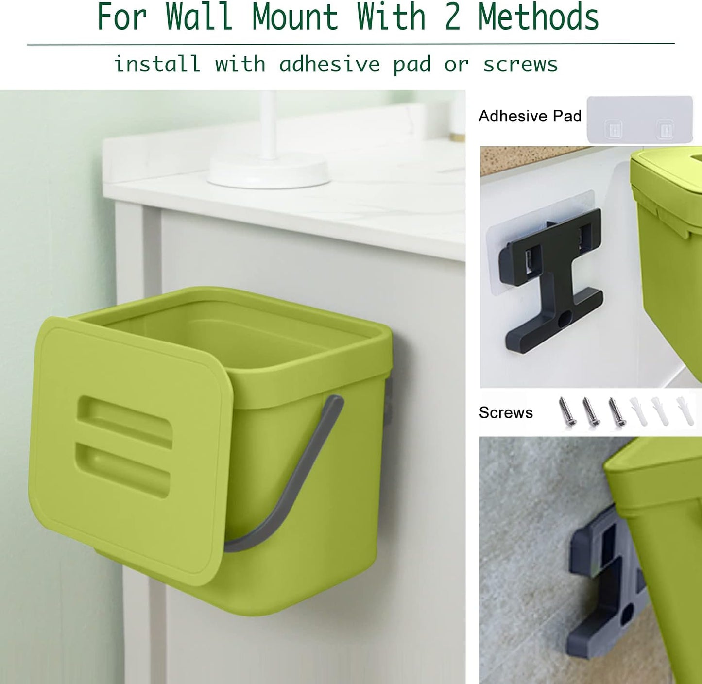 LALASTAR 1.8 Gallon Hanging Trash Can, Green, Plastic, Compost Bin Indoor Kitchen Sealed, Small Trash Can with Lid, Mountable