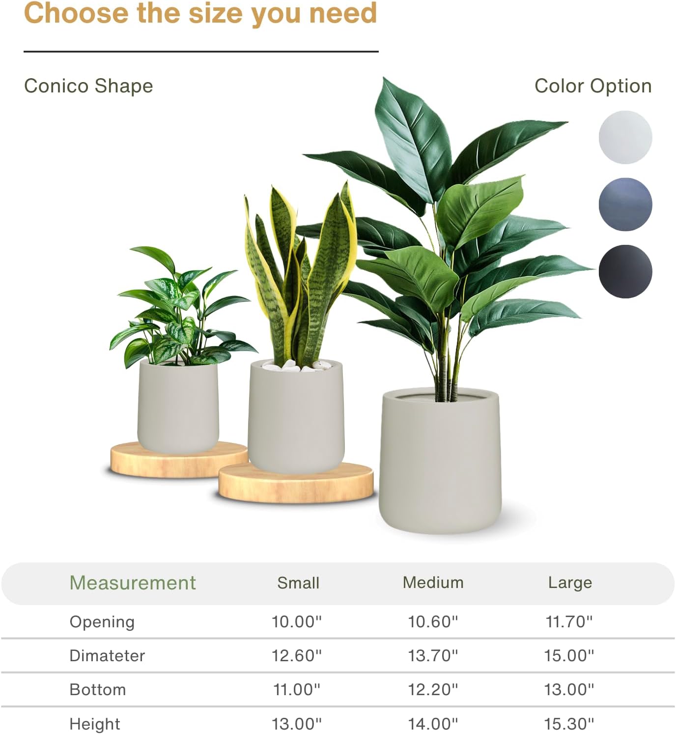 15.3" H x 15" D Conico Fiberstone Round Planter with Drainage Hole, Smooth Finishes, Weather Resistant for Indoor and Outdoor Use, Included 2 Extra Coco Mats (Taupe, 11.7" Pot Opening)