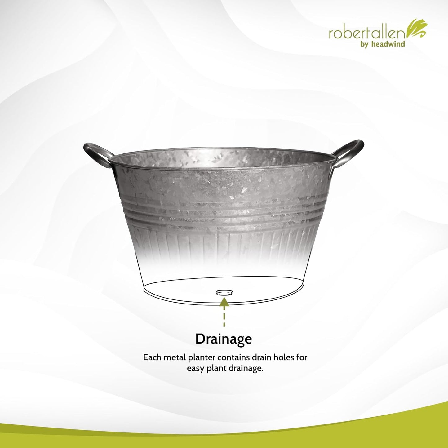Headwind Round Galvanized Tub Planter with Handles – 12 Inch Lightweight Metal Planter with Drainage Hole – Galvanized Steel Tub for Plants - Metal Flower Pot by Robert Allen
