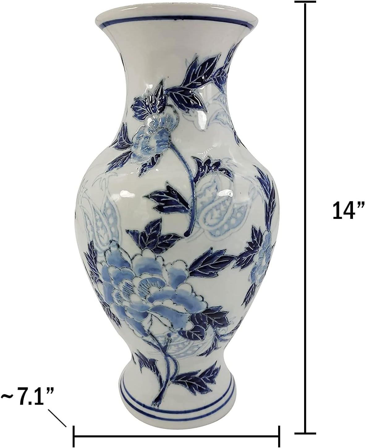 Galt International Blue and White Floral Chinoiserie Ceramic Vase 14" - Hand Painted Antique Style Porcelain Flower Bottle Fishtail Porcelain Chinese Vase for Home Decor Centerpiece