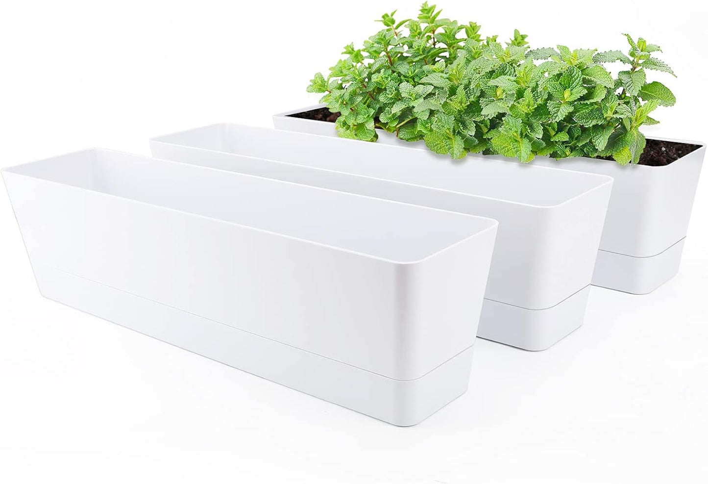 GREANER Window Boxes Planters, 3PCS 16x3.8 Inch Large Herb Planters with Tray, Indoor Succulent Cactus Flowers Vegetable Plastic Rectangle Pots for Balcony, Office, Garden, Outdoor, Windowsill (White)