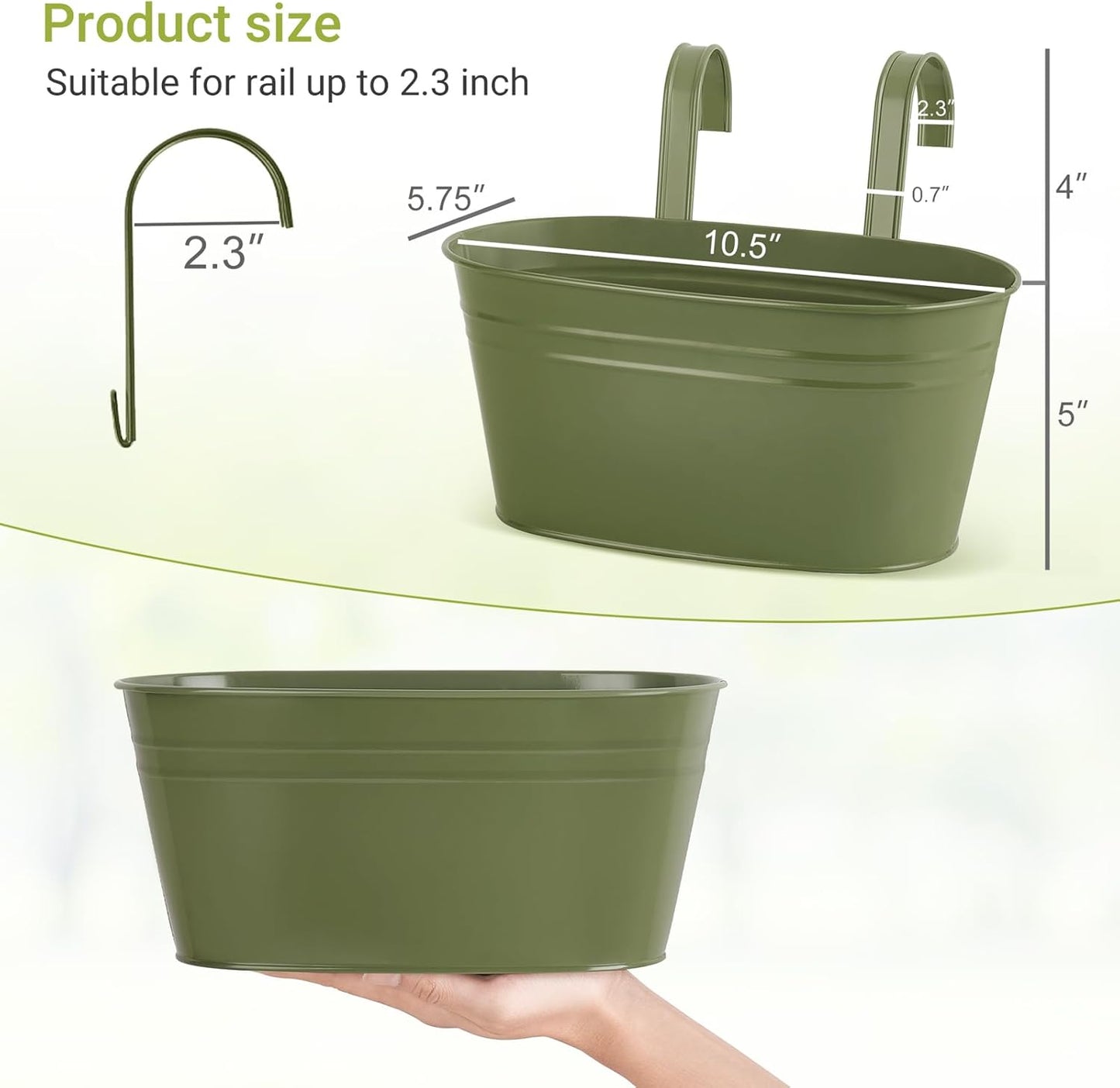 Dahey Metal Iron Hanging Flower Pots for Railing Fence Hanging Bucket Pots Countryside Style Outdoor Planter Window Flower Plant Holder with Detachable Hooks Home Decor,Green,3 Pcs