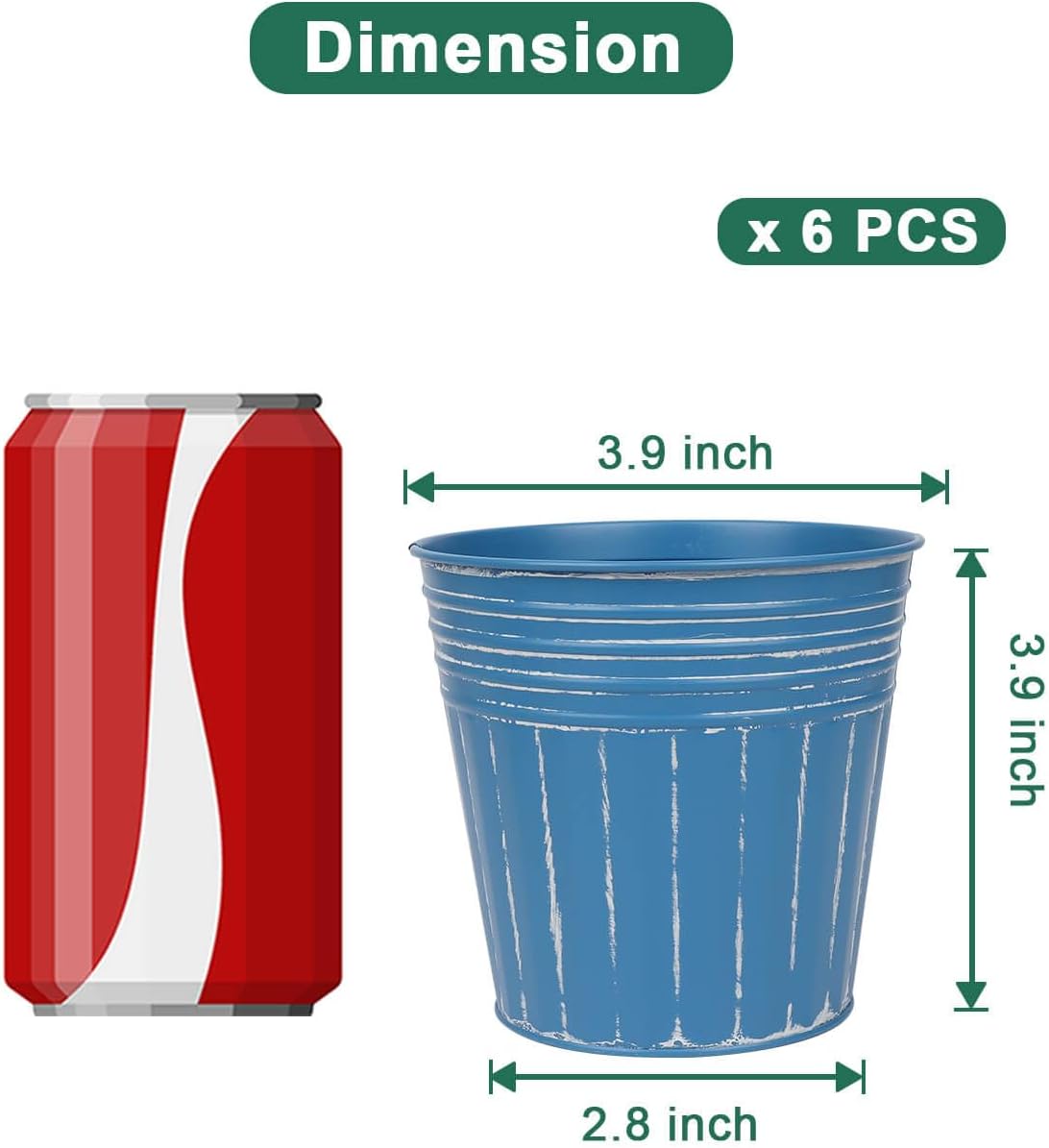 vensovo 4 Inch Blue Metal Rustic Flower Pots - 6Pcs Small Galvanized Planters with Drainage Hole and Rubber Plug, Rustproof Metal Bucket Plant Pots Farmhouse Vintage Style for Decor