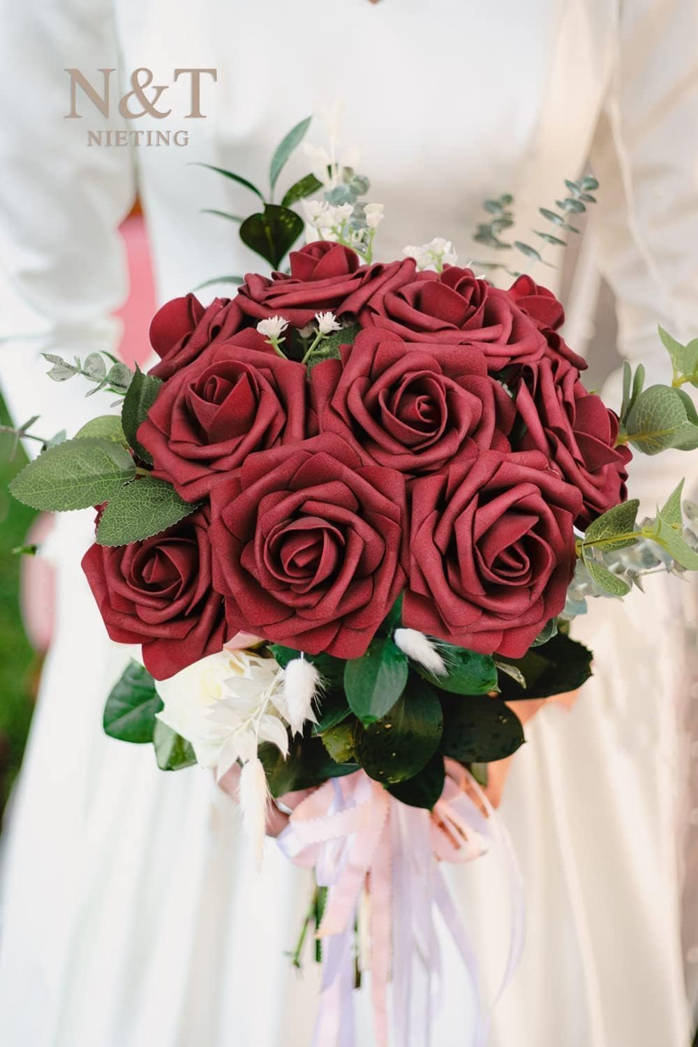 N&T NIETING Artificial Flowers, 25Pcs Fake Flowers Roses Perfect DIY Wedding Bouquets Centerpieces Bridal Shower Party Valentine's Day Home Flower Arrangement Decorations, Dark Red