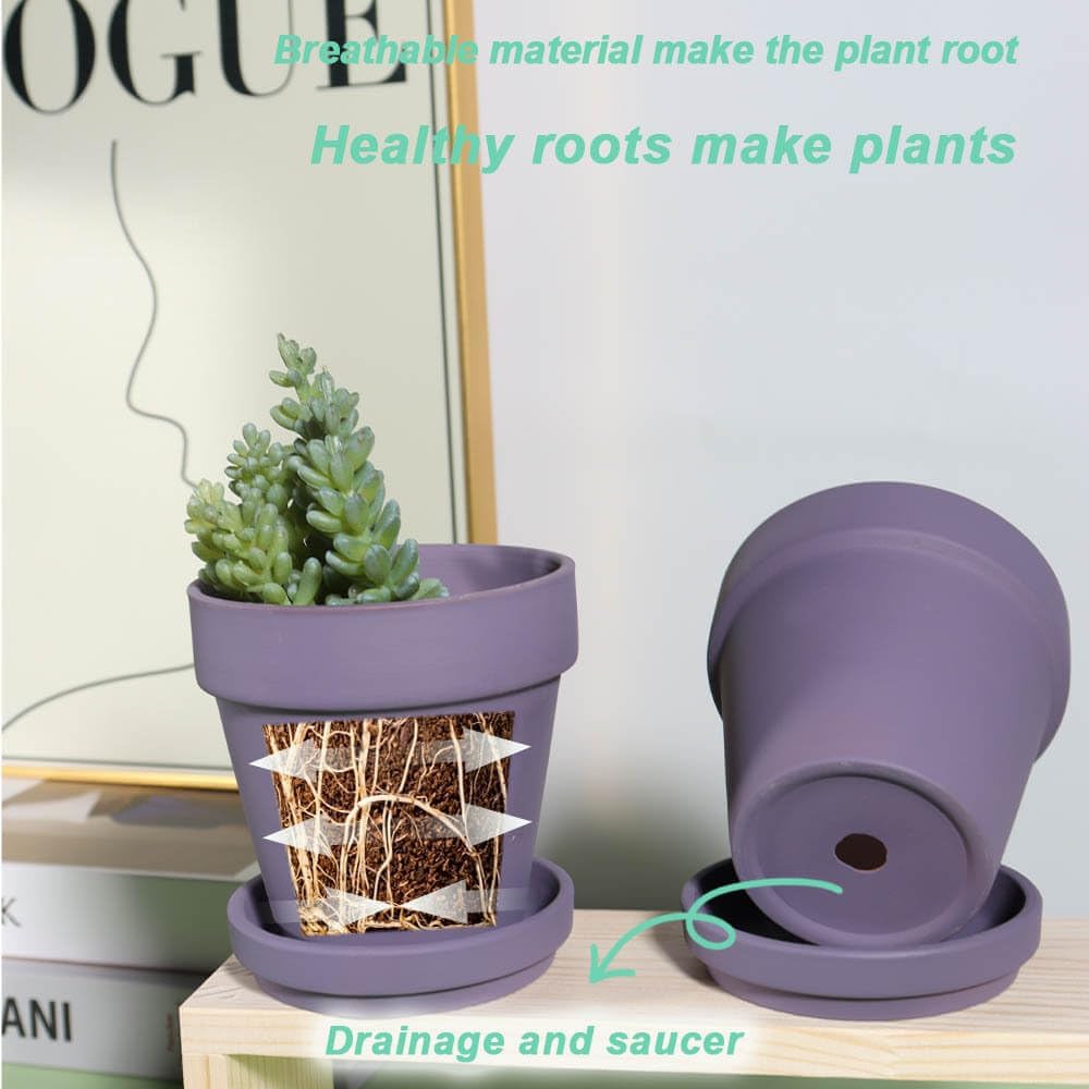 vensovo 6 Inch Purple Terracotta & Clay Pots for Plant with Saucer - 4 Pack Medium Terra Cotta Planter with Drainage Hole, Flowerpot for Indoor Outdoor Plants, Crafts, Wedding Favor