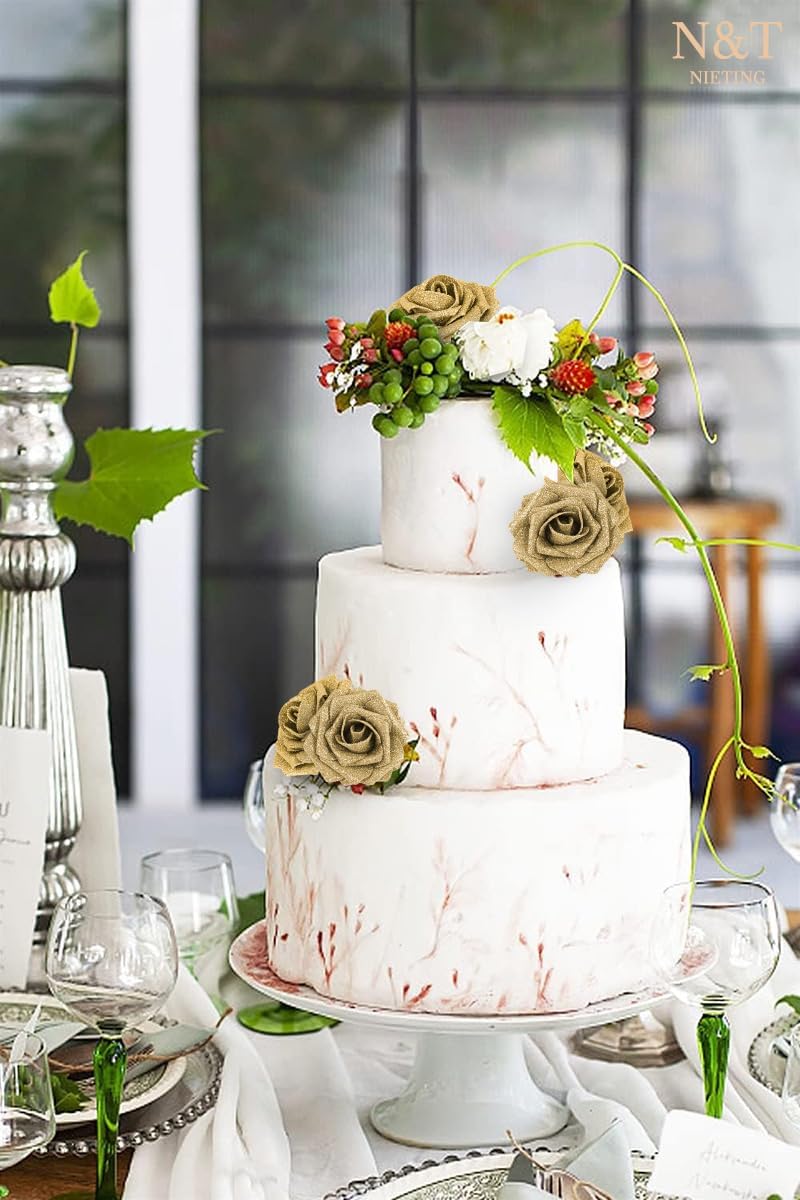 N&T NIETING Artificial Flowers Glowing Gold Flowers Foam 25pcs Glitter Roses Real Looking Fake Roses with Stem for DIY Wedding Bouquets Centerpieces Bridal Shower Party Home Decorations