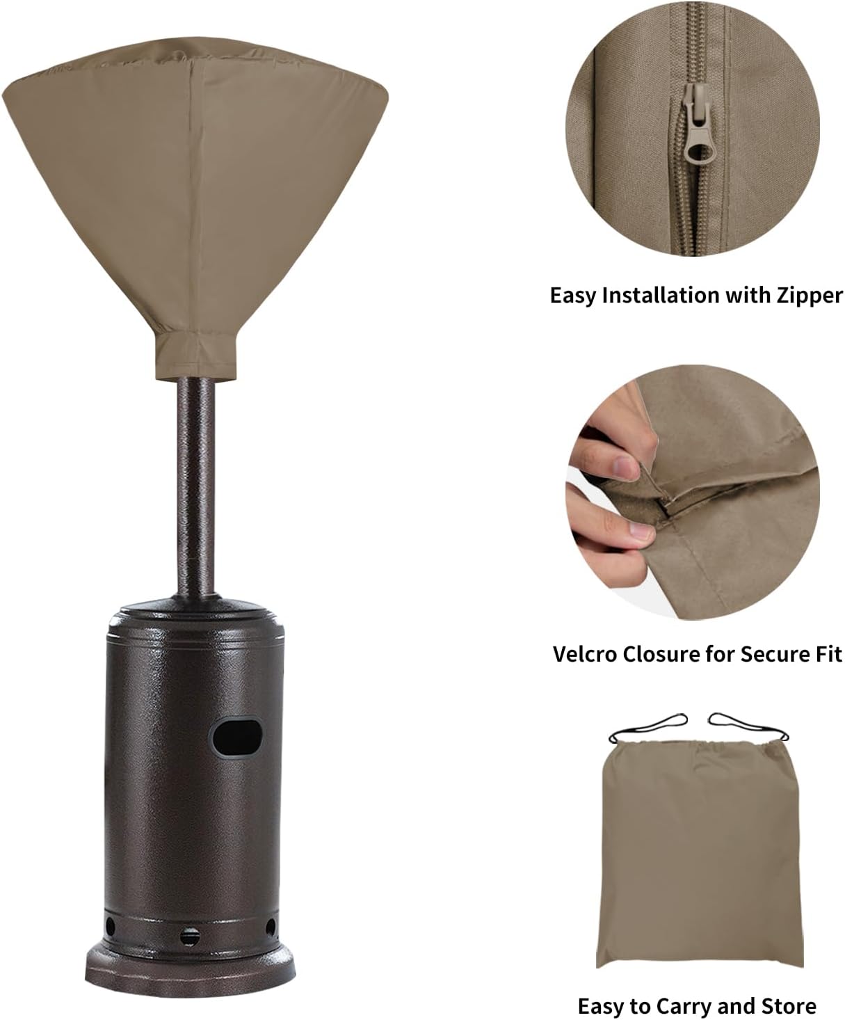 Easy-Going Patio Heater Head Cover 34" D with Zipper and Storage Bag, Waterproof Outdoor Round for Standing Heat, Dustproof, UV-Resistant (Top Cover Only, Camel)