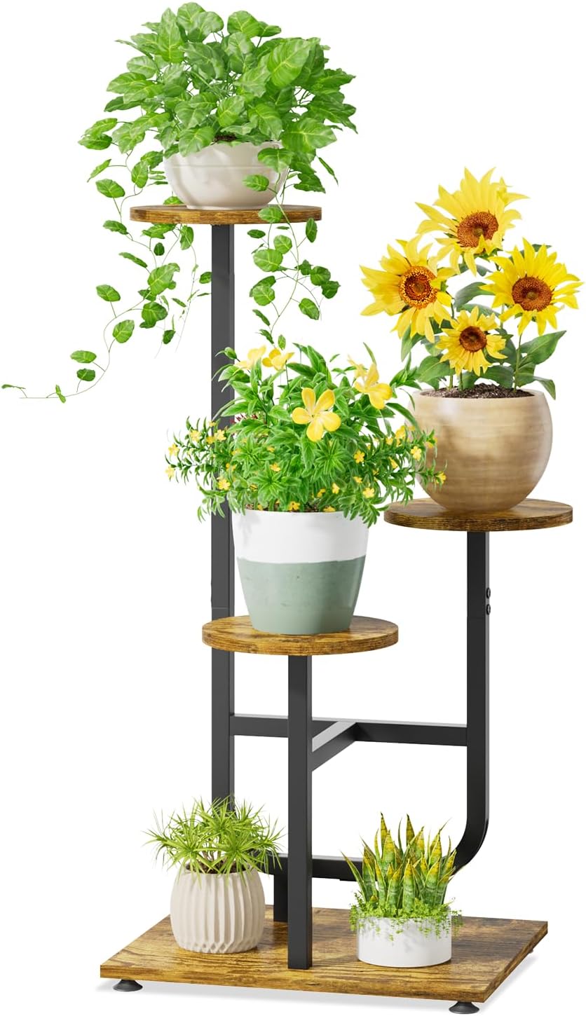 iDavosic.ly 3 Tier Plant Stand Indoor, Corner Tiered Multiple Flower Holder Shelf with Wooden Trays, Orchid Display Metal Rack for Patio Porch Living Room Balcony Outdoor, Modern Black & Rustic Brown