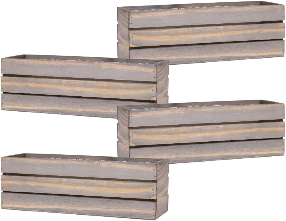 Wood Planter Box with Wine Crate Styled, 12x4 Inch Rectangular, Rustic Barn Wood, Plastic Liner, Wedding Flowers Holder, Home and Venue (12x4 Wine Crate Set of 4, Natural)