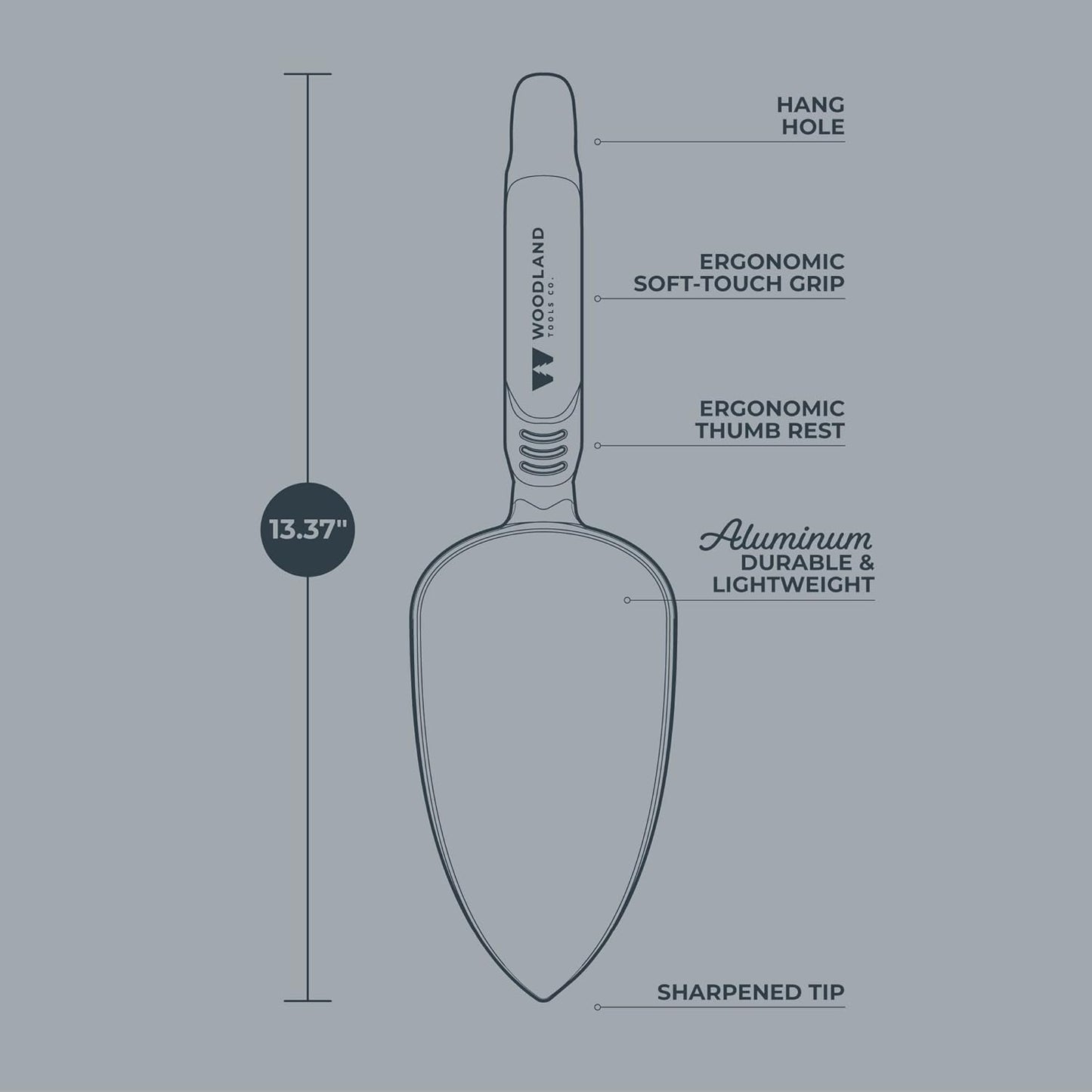 Woodland Tools Heavy Duty Garden Trowel – Full Tang Aluminum Construction, Extra Wide Scoop, Sharpened Point, Ergonomic Cushioned Grip, Rust Resistant Hand Tool for Digging in Clay and Tough Soil