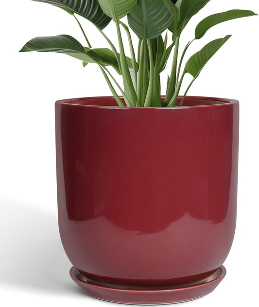 Ceramic Pots for Plants - 12 Inch Plant Pot Indoor with Drainage Hole and Saucer Large Planter Outdoor Flower Pot for Home Patio Office Decor Red