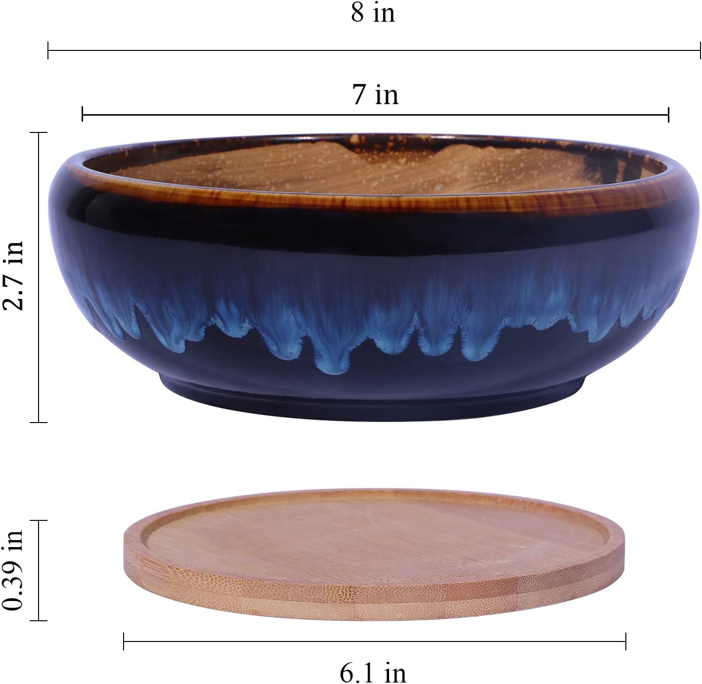 SQOWL 7 Inch Round Ceramic Succulent Planter Pot Drip Glazed Shallow Planter with Drainage Bamboo Tray for Indoor Plants