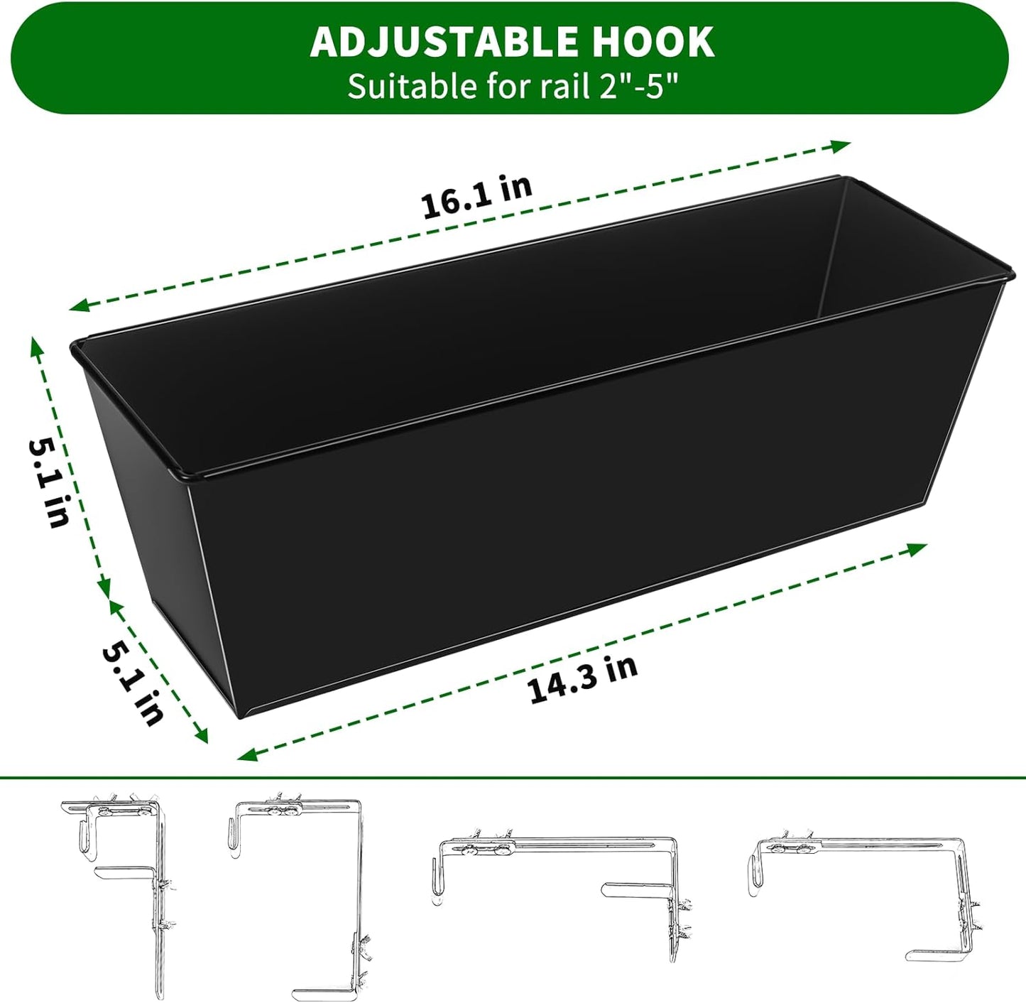 Railing Planter for Outdoor Plants 16 Inch Metal Rectangular Window Boxes with Adjustable Brackets and Drainage Hanging Flower Pots for Balcony Deck Railings Apartment Patio Decor Black(4PCS)