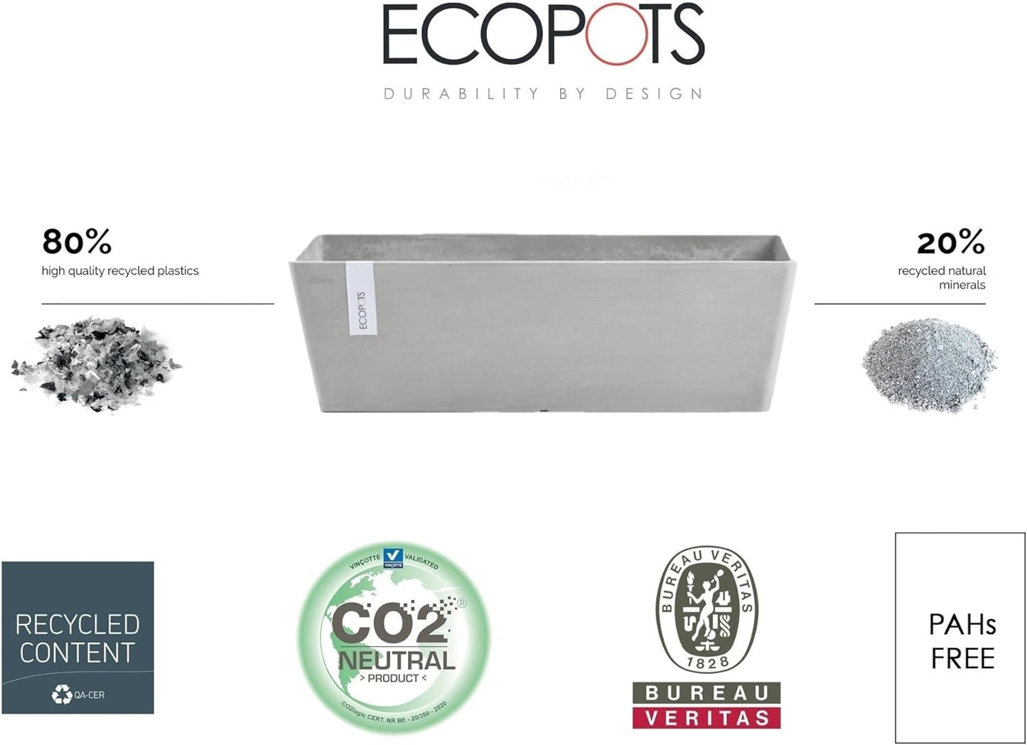 Ecopots Modern Recycled Bruges Plastic Indoor/Outdoor Rectangular Flower Pot Planter, White Grey, 21.5"