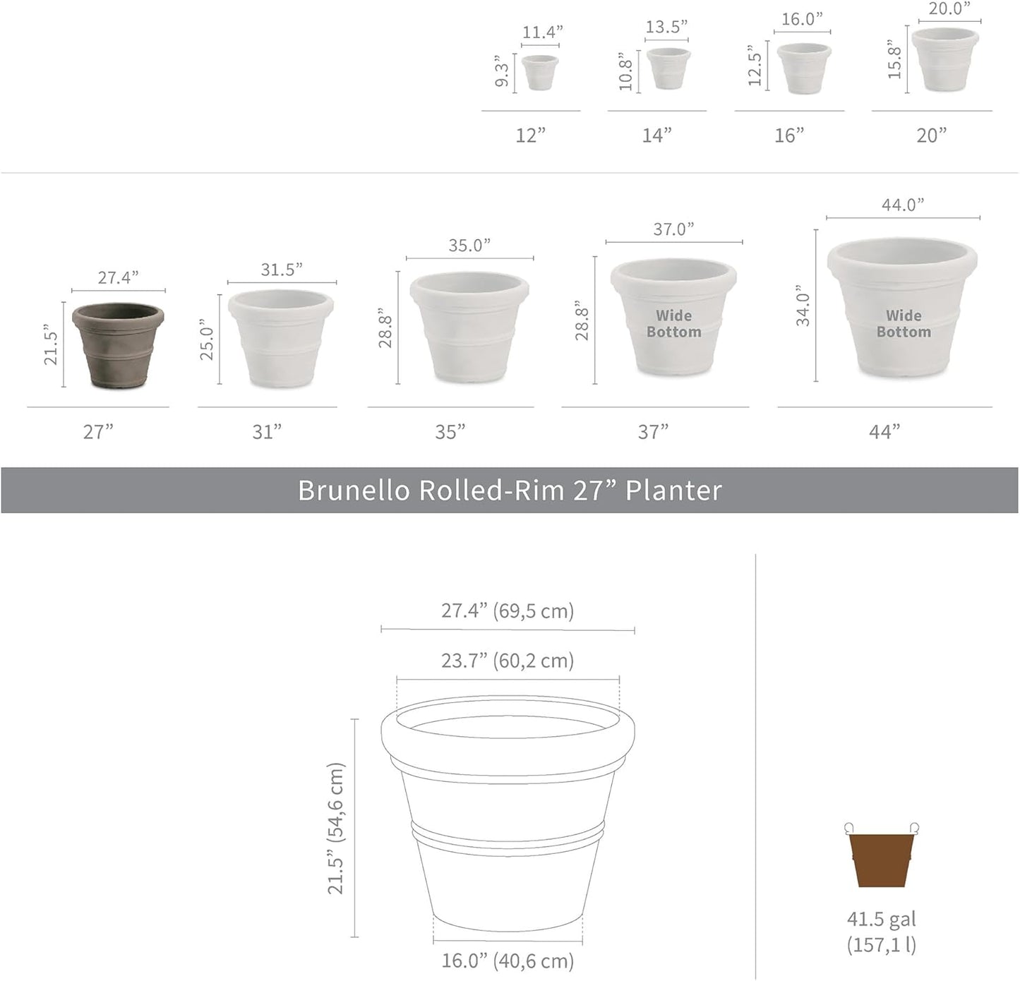 Crescent Garden Brunello Classic Rolled Rim Planter Pot, Indoor/Outdoor Plastic Round Plant Pot - Resin Large UV-Resistant Flower Pot - Frostproof, Fadeproof Pots - 27'W' (Black)