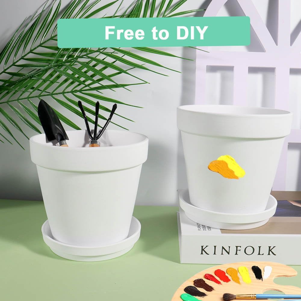 vensovo 6 Inch White Terracotta & Clay Pots for Plant with Saucer - 4 Pack Medium Terra Cotta Planter with Drainage Hole, Flowerpot for Indoor Outdoor Plants, Crafts, Wedding Favor