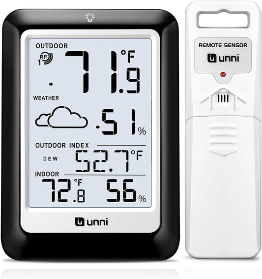 Indoor Outdoor Thermometer Hygrometer Wireless Weather Station, Temperature Humidity Monitor Battery Powered Inside Outside Thermometers with 330ft Range Remote Sensor(Black)