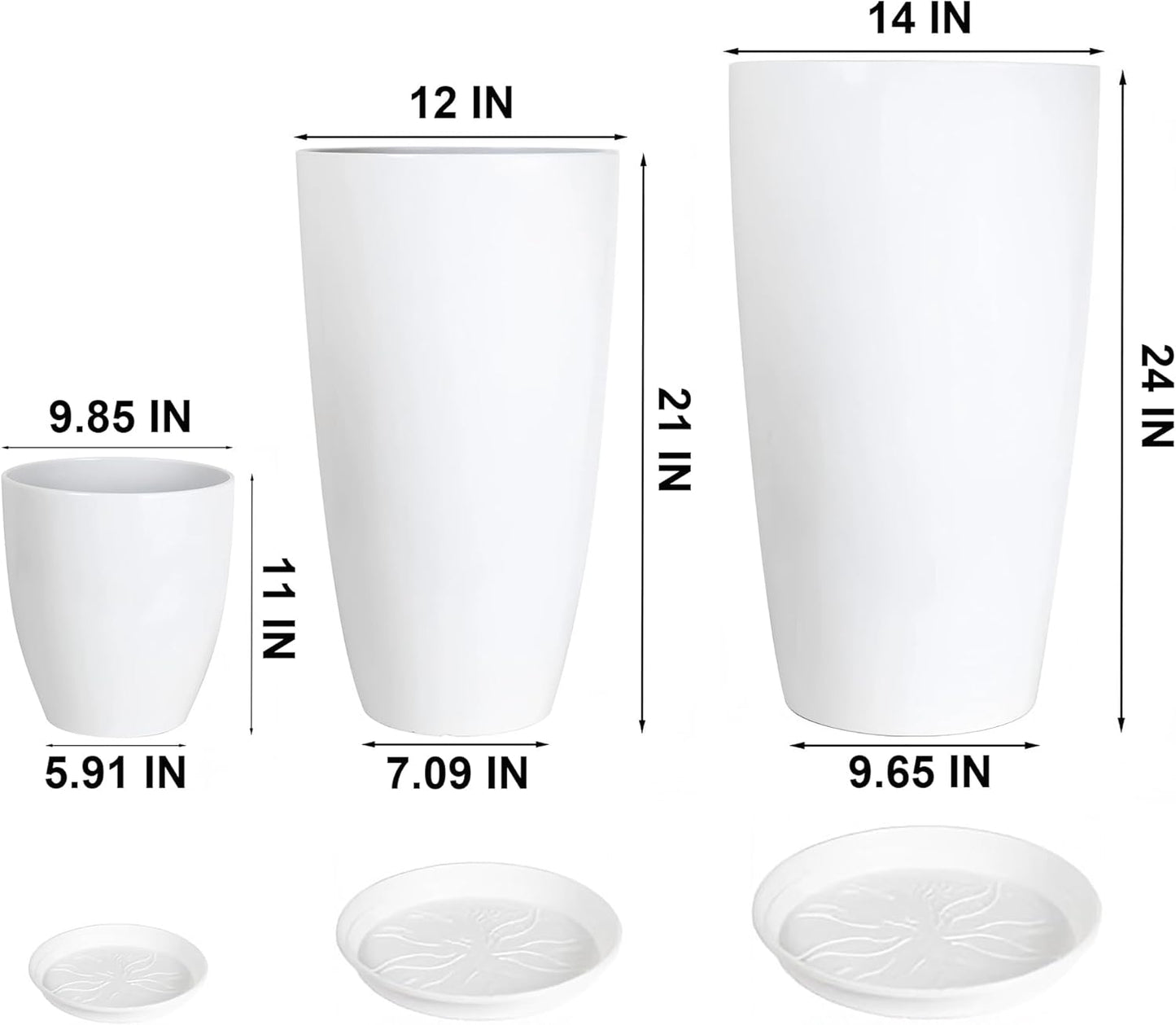 24,21,11 Inch Large Plastic Planters with Drainage Hole and Saucer - Set of 3 Tall Plant Pots Indoor Flower Pot Tall Round Planters Outdoor Large Tall Planter