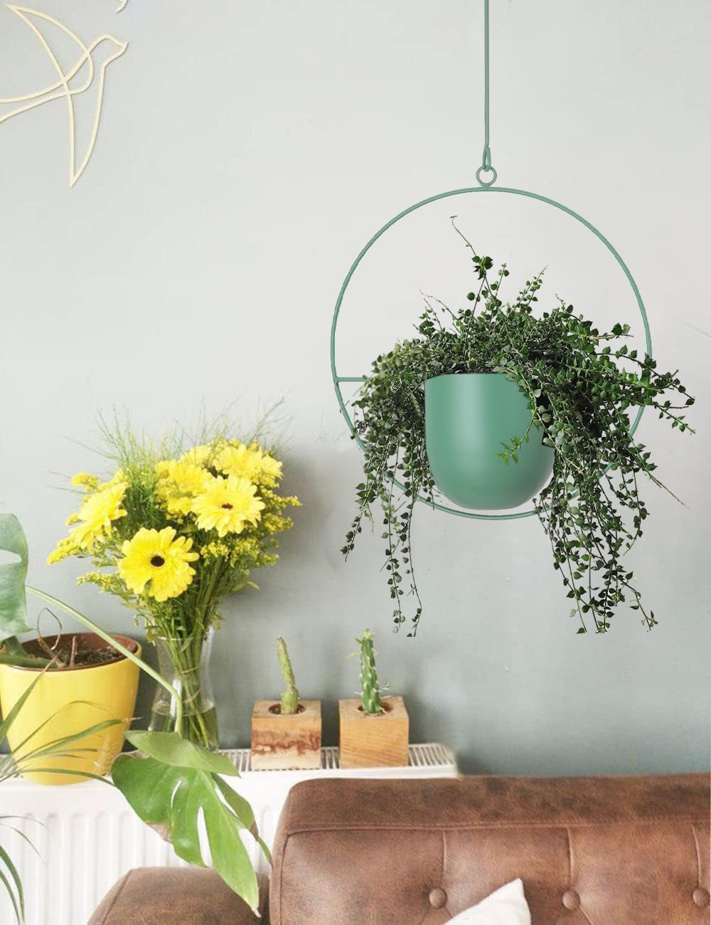 Hanging Planters 2 Pack Boho Mid Century Hanging Plants Hangers Metal Wall Ceiling Flower Pot Indoor Outdoor Vine Holder Room and Window Decor(Green)