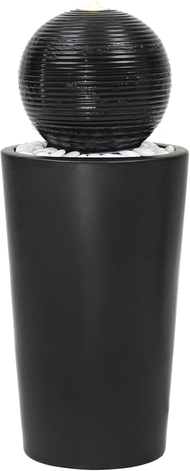 30" H Ceramic Sphere Water Fountain with LED Light, Modern Minimalist Design, Black Glaze with White Pebbles, Soothing Trickling Water Feature, Adding Artistic Charm & Tranquil Ambiance