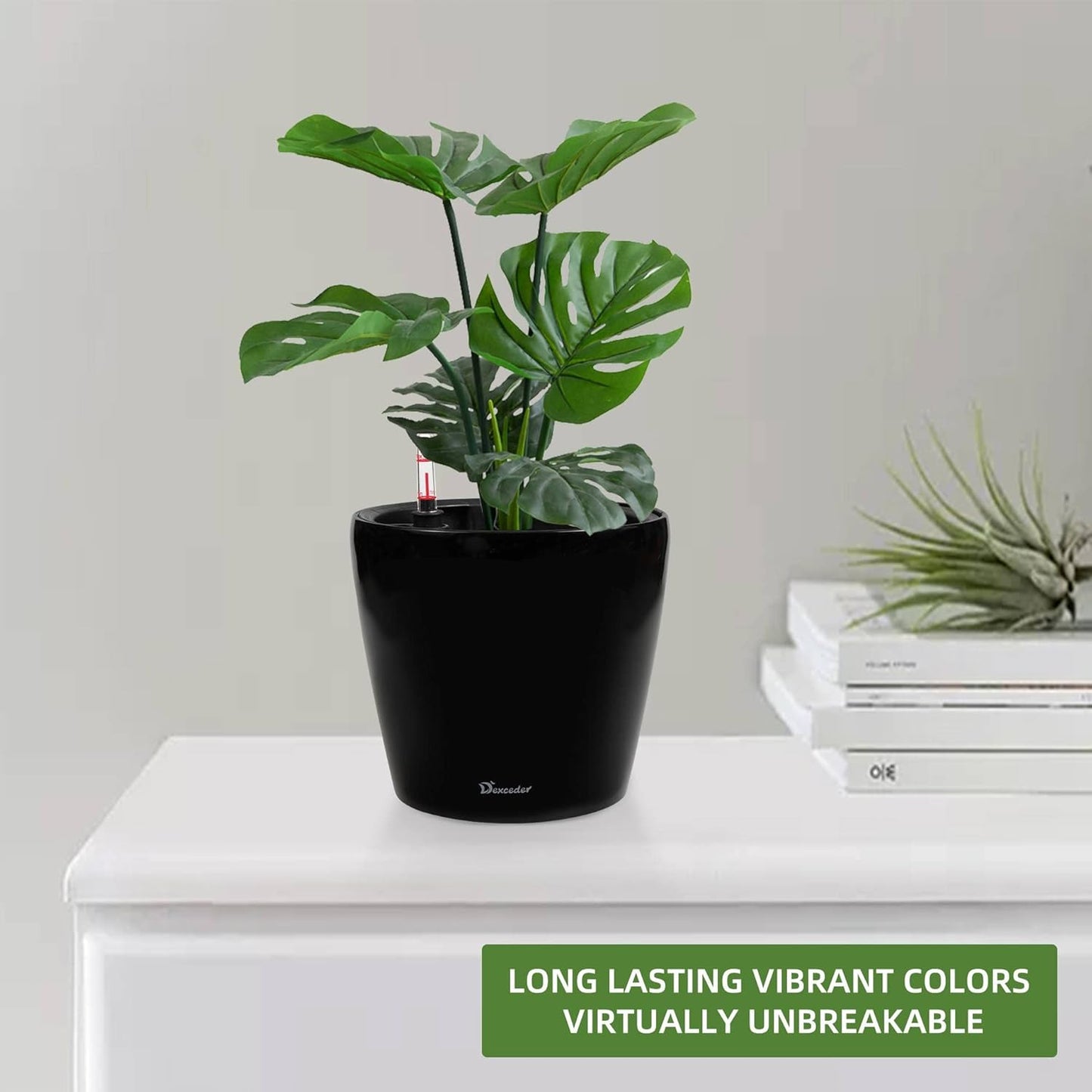Dexceder 9x8 Inches High Gloss Self Watering Planter Indoor Outdoor, Inner Pot Design, Thickened Table Flower Plant Pot with Water Level Indicator (Black)
