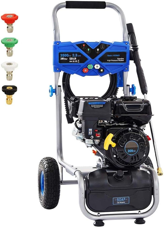 3500 PSI Gas Pressure Washer, 209CC Engine, 2.3 GPM, 4 Adjustable Nozzles, 25ft Hose for Cleaning Cars, Patios, Walls, and Gardens (Blue)