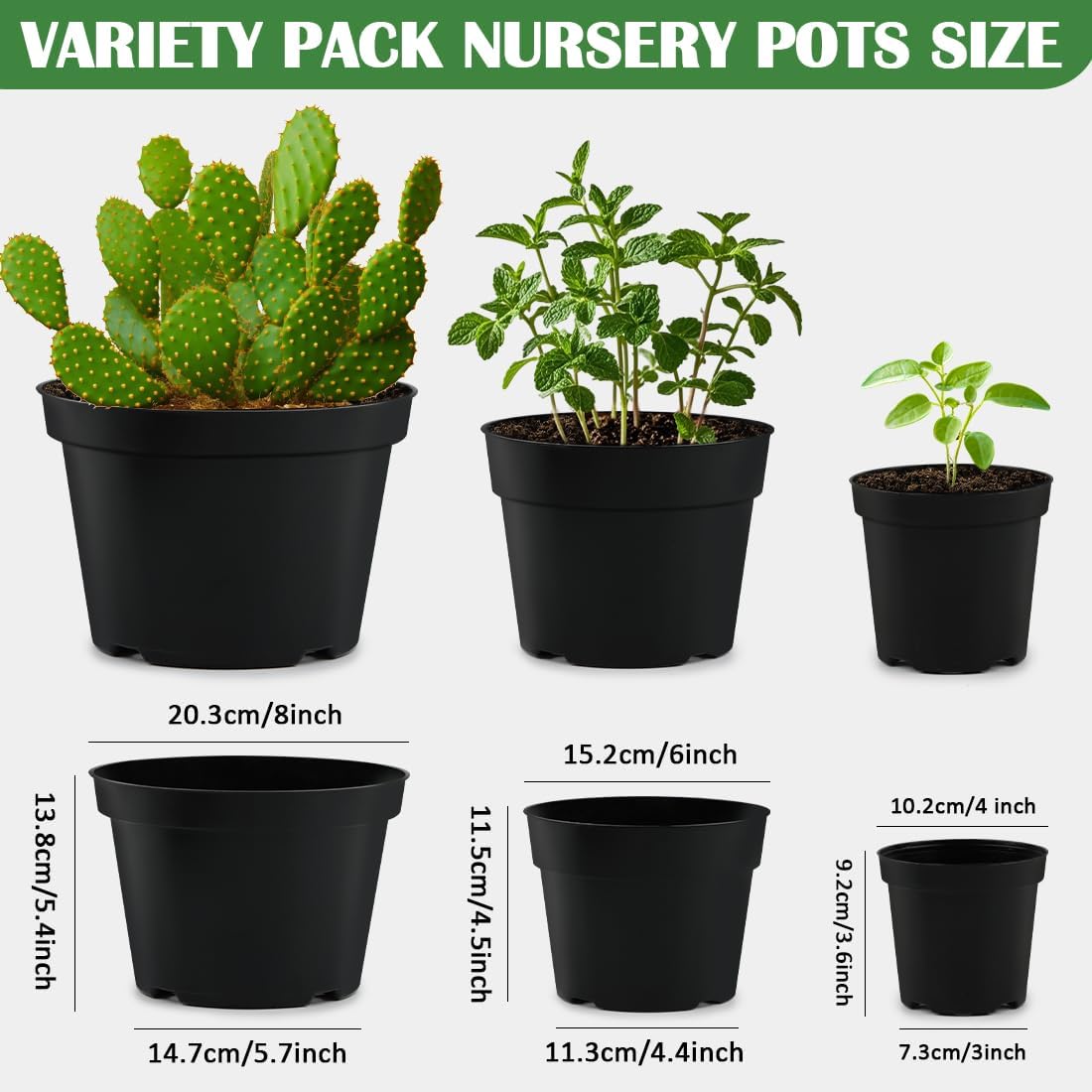 4/6/8 Inch Black Plant Nursery Pots, 15 Pack, Thickened Plastic with Drainage Holes, Indoor/Outdoor