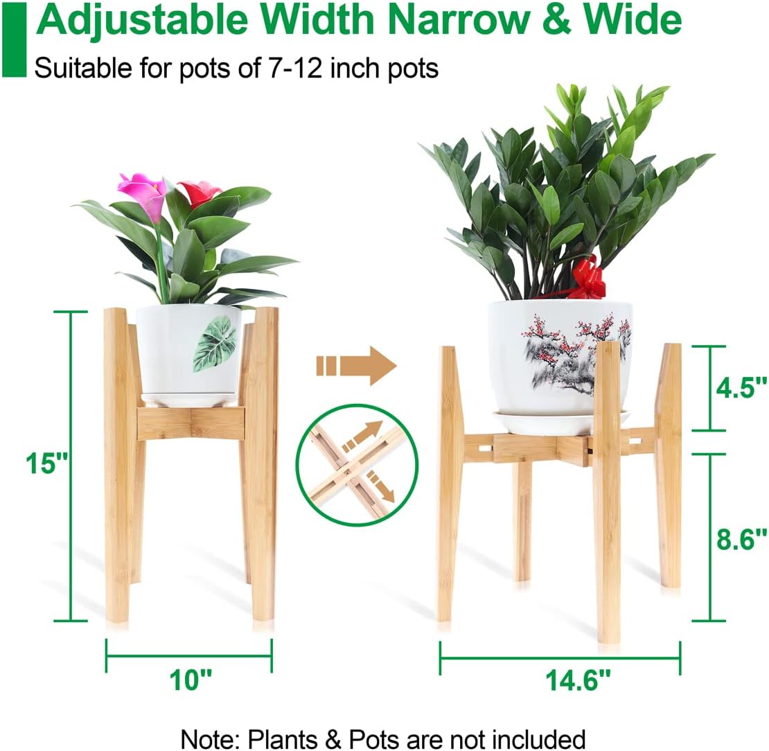 OERGKE 2 PACK Adjustable Plant Stand Indoor, Bamboo Mid Century Modern Plants Stands, Corner Flower Holder for Living Room, Fits 8 to 12 Inches Pots, (Pot & Plant Not Included)(Nature)