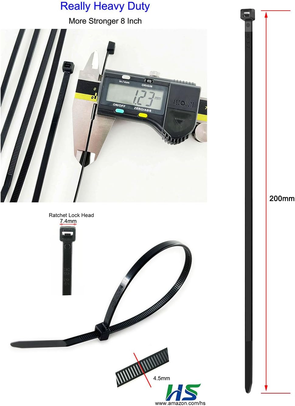 HS Strong Medium Zip Ties 8 Inch x 3/16" UV Rated Black 100 PCS Cable Zipties 50 Pounds Heavy Duty Self-Locking Strap Ties Automotive,Outdoor Fence Purpose