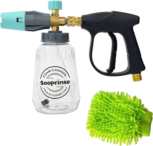 Sooprinse Short Pressure Washer Gun With Foam Cannon, High Pressure Snow Foam Lance, 1/4 Inch Quick Connector, Power Washer Blaster, Car Wash Mitt, 3000 PSI, 1 Liter