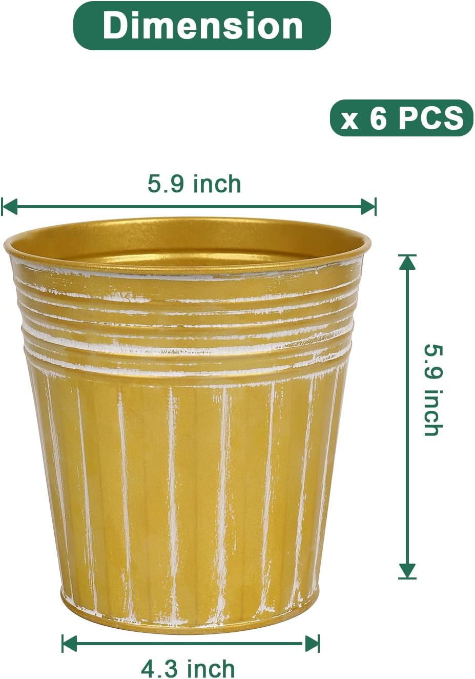 vensovo 6 Inch Gold Metal Rustic Flower Pots - 6Pcs Galvanized Planters with Drainage Hole and Rubber Plug, Rustproof Metal Bucket Plant Pots Farmhouse Vintage Style for Decor