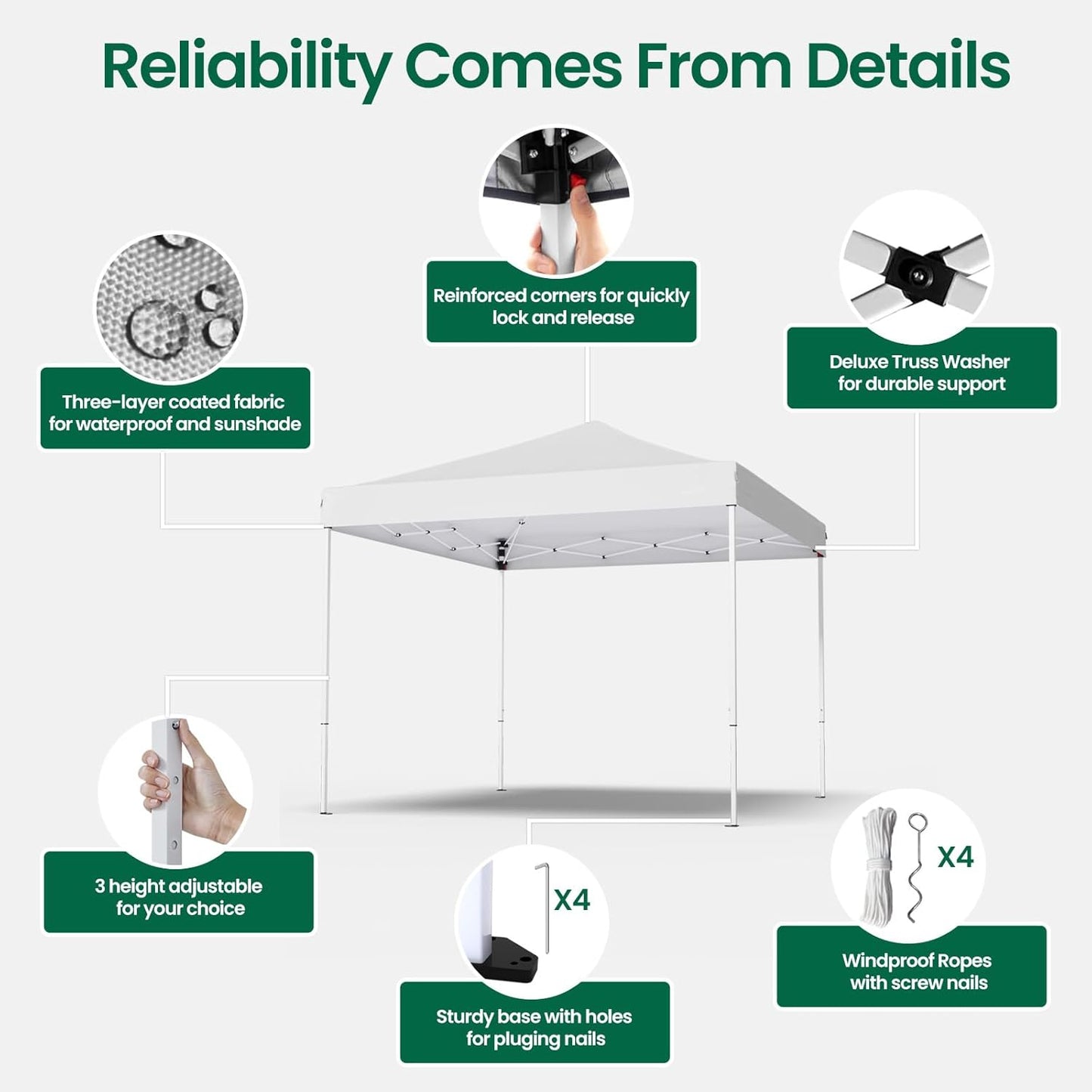 10x10ft Pop Up Canopy Tent,Heavy Duty Waterproof Folding Tent for Camping Parties Events Parties,Outdoor Canopy,Portable Sun Shelter,3 Adjustable Height(White)