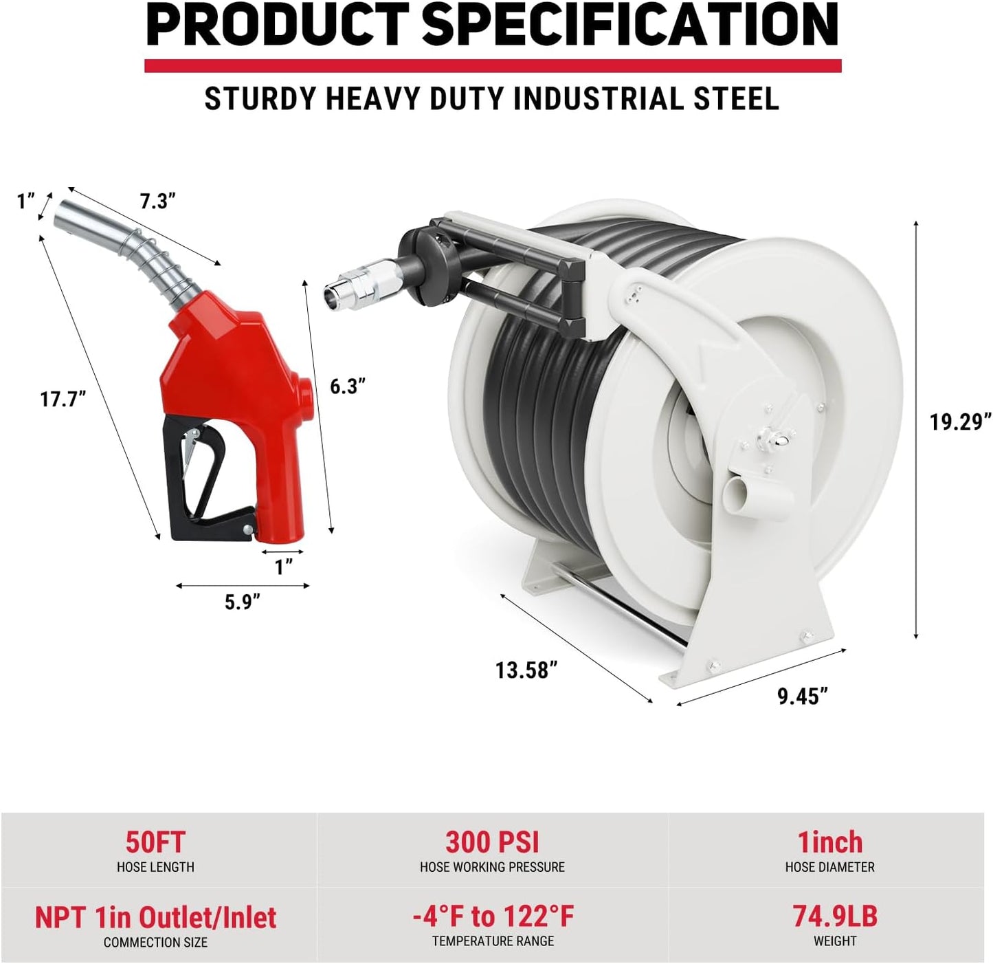Diesel Fuel Hose Reel 1" x 50FT 300PSI Retractable Fuel Hose Reel Heavy-Duty Steel Ratchet Spring Driven Professional Diesel Hose Reel Auto Swivel Rewind with Fuel Nozzle for Vehicle Tank Truck Ship