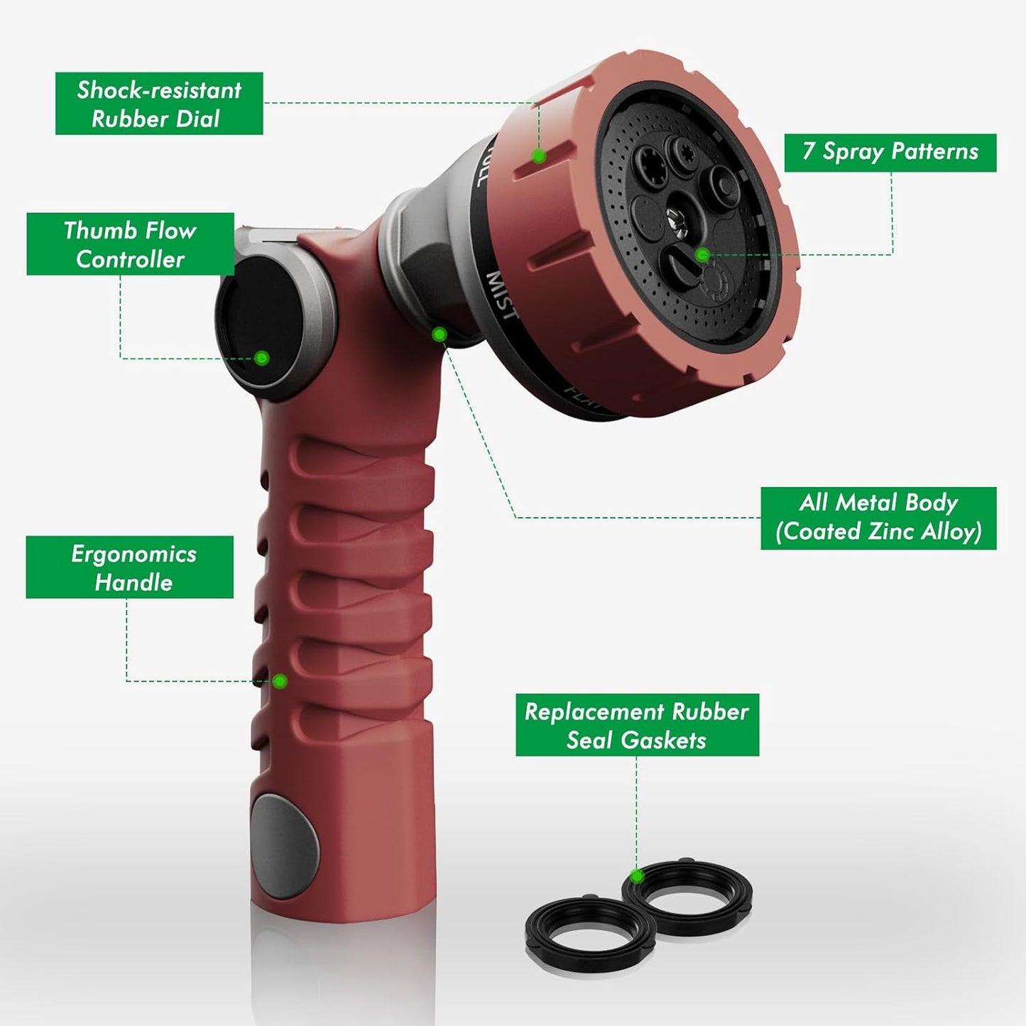 RESTMO Heavy Duty Hose Nozzle, Metal Garden Water Hose Sprayer with 7 Watering Patterns, Thumb Control, On Off Valve, High Pressure Nozzle Sprayer for Watering Plants, Car and Pet Washing, Red