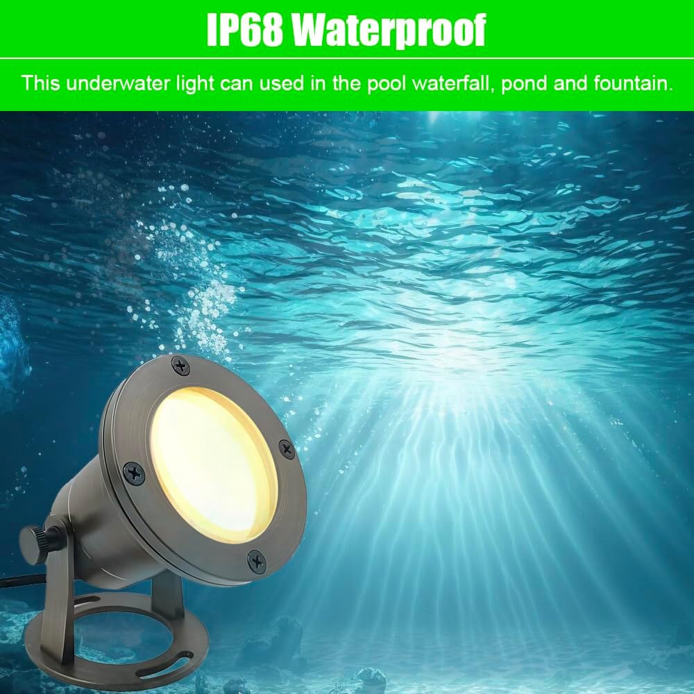 Brass Pond Light LED Underwater, Water Fountain Light Waterproof, Submersible Lights with 5W MR16 LED Bulb 2700K, 12V Low Voltage Landscape Lighting for Outdoor Garden Pond, Pool, Waterfall