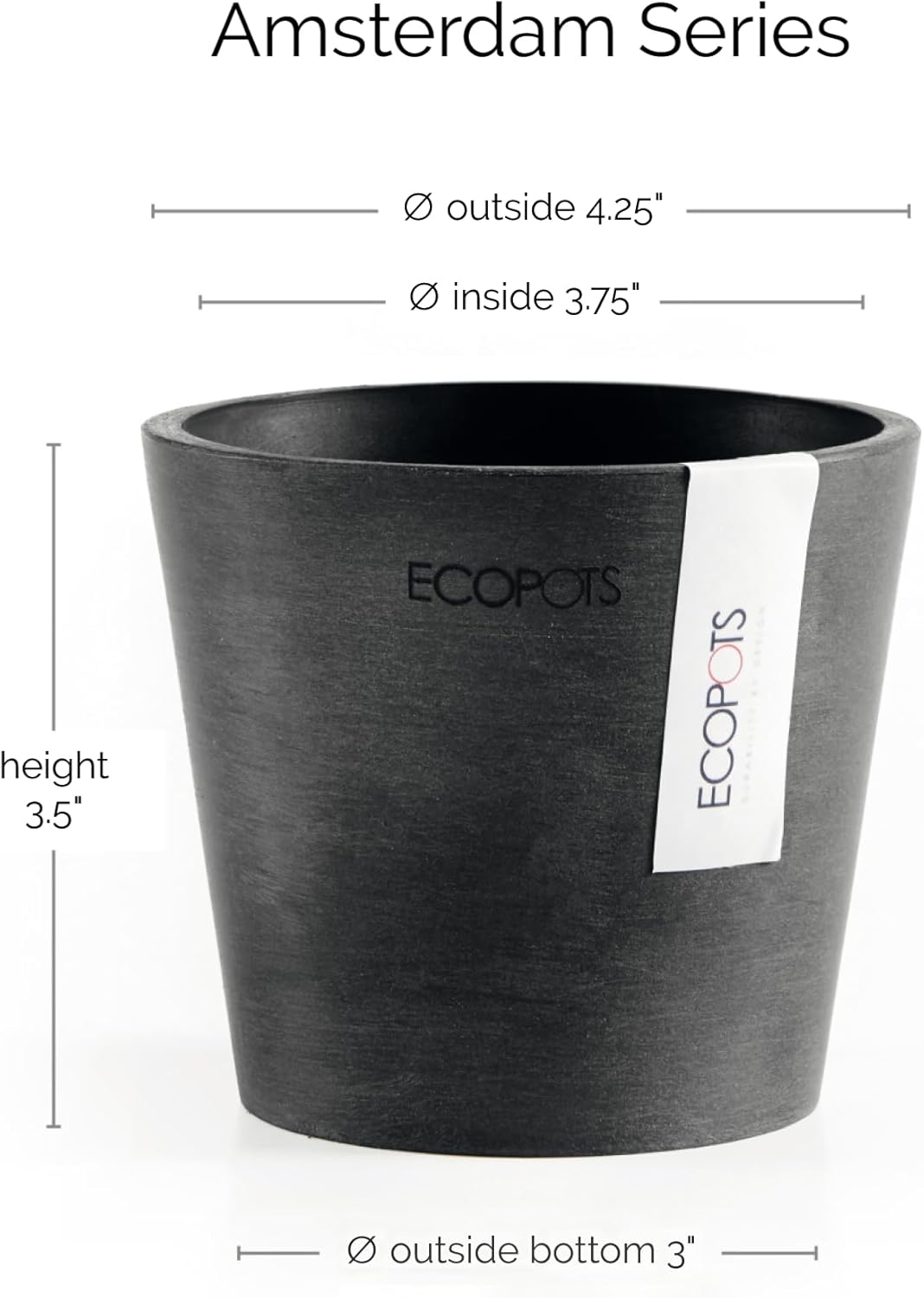 Ecopots Amsterdam Mini Durable Modern Round Recycled-Based Composite Flower Pot Planter, Dark Grey, 4"