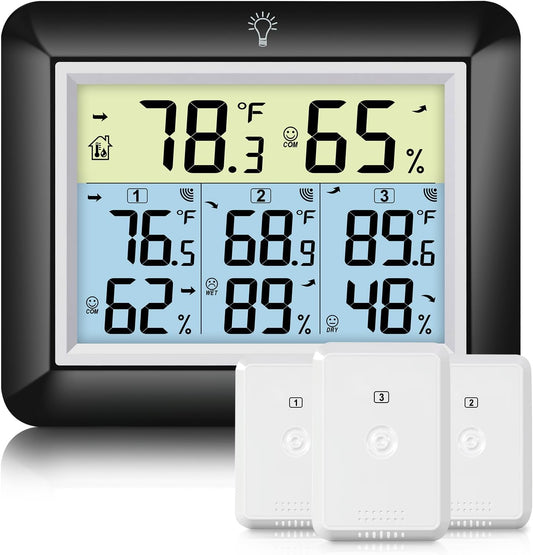 Urageuxy Wireless Indoor Outdoor Thermometer Hygrometer, Digital Temperature and Humidity Monitor with 328ft Range Remote Sensor for Home, Greenhouse, Bedroom, Kitchen, Refrigerator, Black