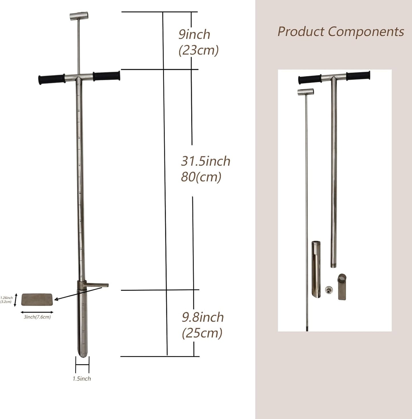 INTBUYING 40’’ Soil Sampler Probe Soil Test Probe with 8’’Sample Ejector and Foot Pedal T Rubber Handle Stainless Steel 1.5inch Dia for Soil Sampling Lawn Garden Farm