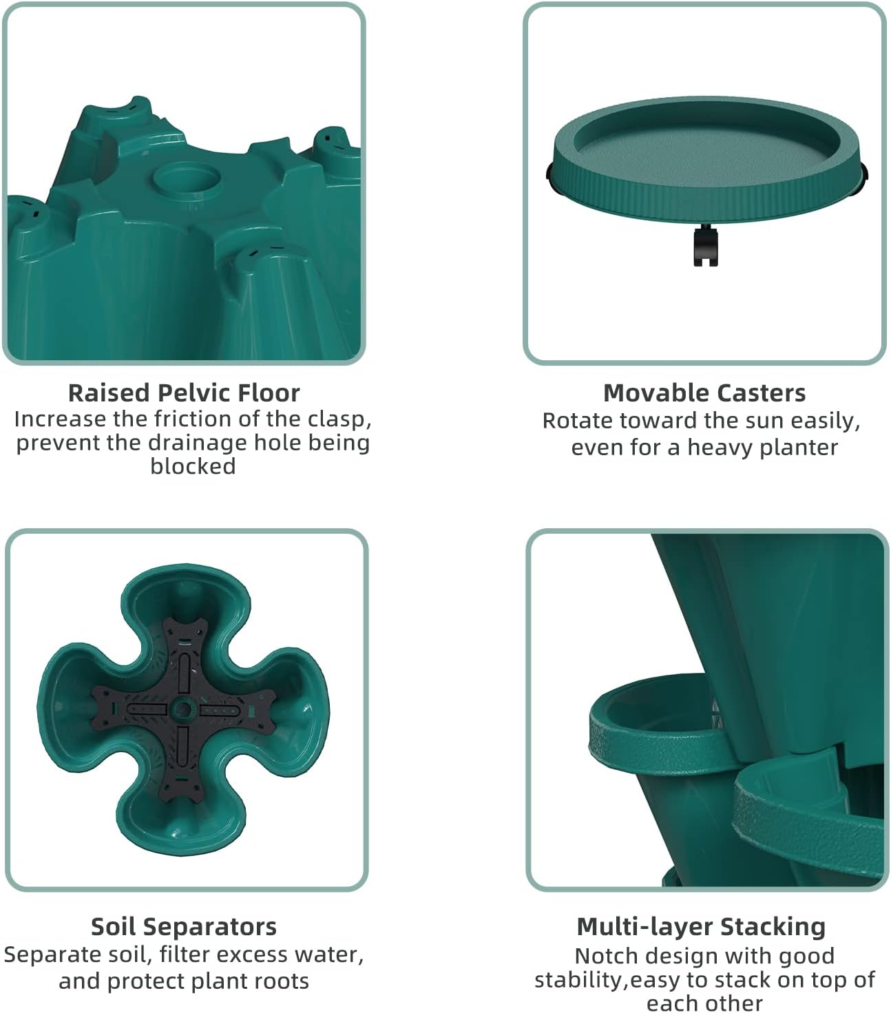 Strawberry Stacking Planters, Vertical Garden Tower, 3 Tiered Stackable Herb Vegetable Planters with Movable Casters and Bottom Saucer Indoor and Outdoor - Hunter Green