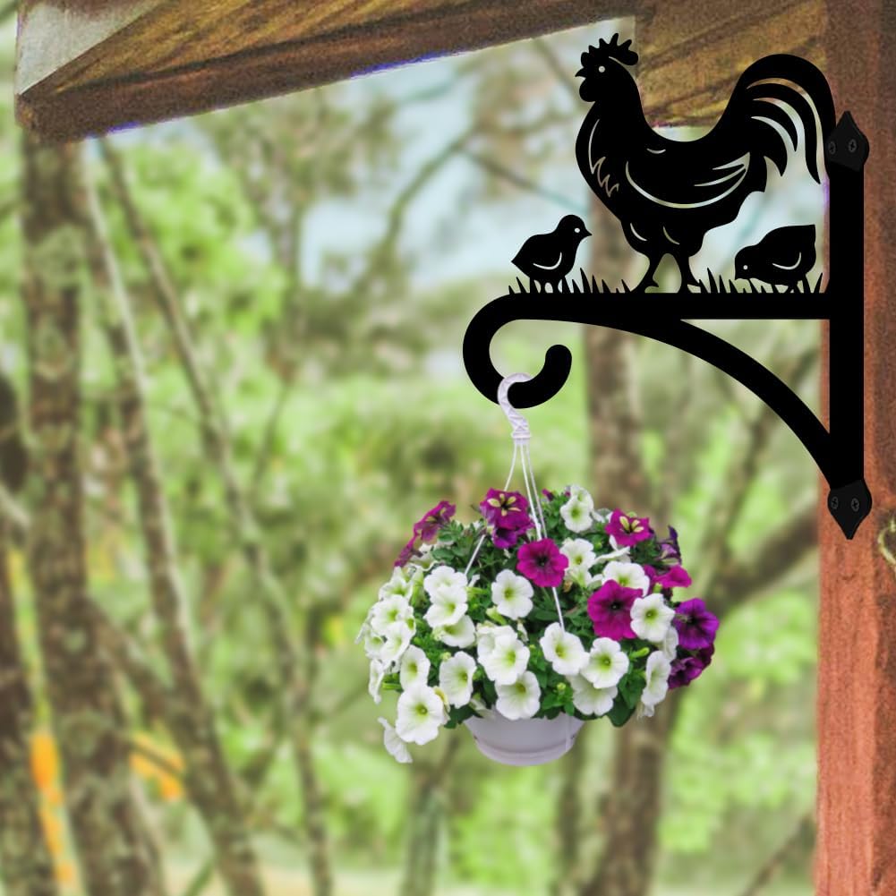 peacoblue Iron Plant Hangers Hooks for Outdoor Indoor Hanging Plants Fern Pots, Lantern, Bird Feeder, Wind Chimes, 12”x14” Rooster Weather Resistant Metal Wall Brackets for Garden, Farmhouse(Rooster)
