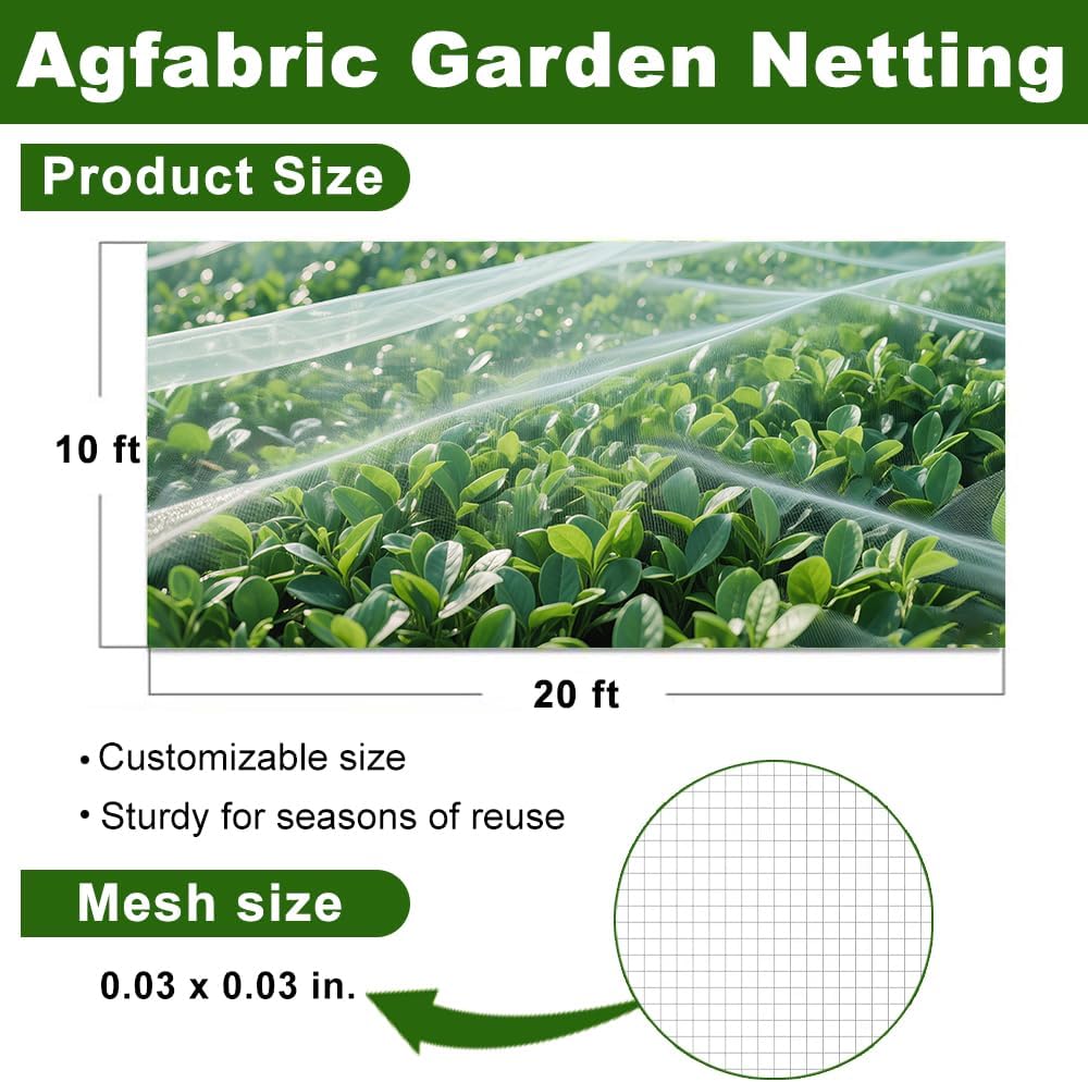 Agfabric Garden Netting 10'x20' Insect Pest Barrier Bird Netting for Garden Protection,Row Cover Mesh Netting for Vegetables Fruit Trees and Plants,White