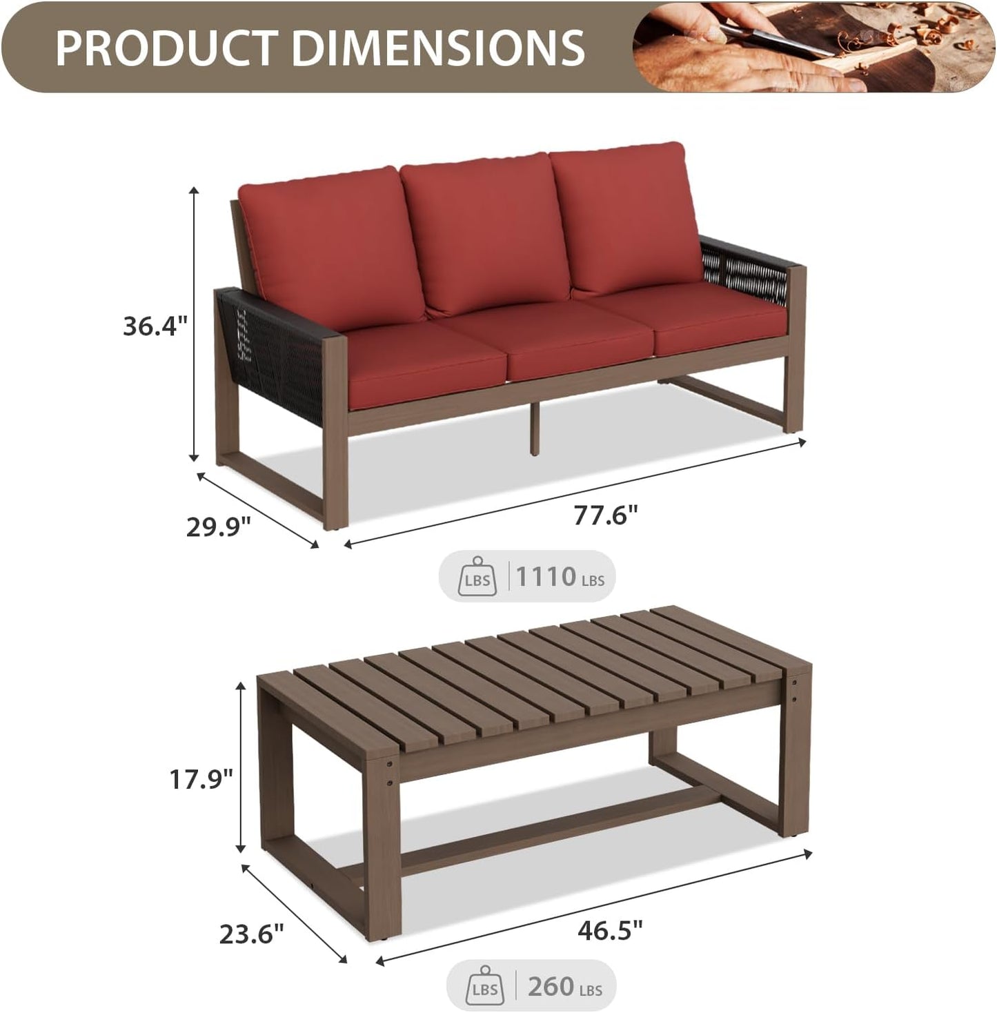 EAGLE PEAK Natural Wood Outdoor Patio Furniture, Cedar Furniture, Conversation Set, Outdoor Seating for Deck Patio Porch, Sofa & Coffee Table, 2 Pieces, Brown/Red