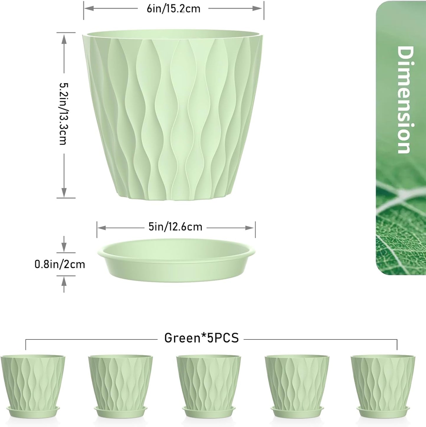 6 inch Plant Pots, 5 Set Water Ripples Flower Pots for Indoor Outdoor Plants, Plastic Planters with Drainage Holes and Saucers, Nursery Pots for Small Succulent Garden House Plants, Green