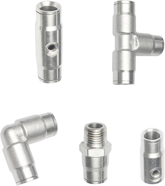 3/8" Brass Slip Connectors Kit for High Pressure Misting System – 5-Piece Brass Misting Nozzle Connectors (Straight, Elbow, Tee, 1/4" Male Lock, End) – 1500 psi